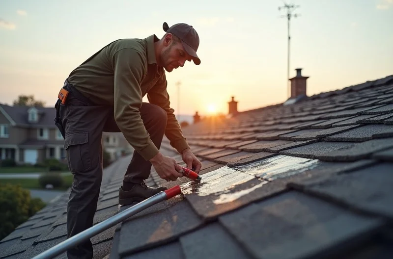 Professional roof repair team replacing damaged shingles and restoring a residential roof to protect against leaks and weather damage